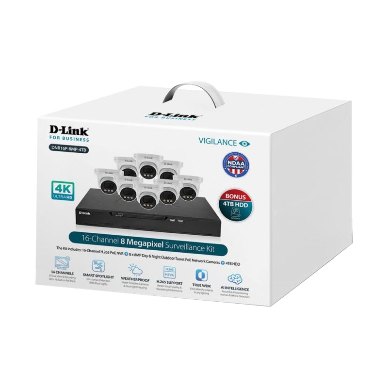 D-Link DNR16P-8MP-4TB Vigilance Surveillance Kit 16CH NVR & 8 x 8MP Turret Cameras - 4TB HDD